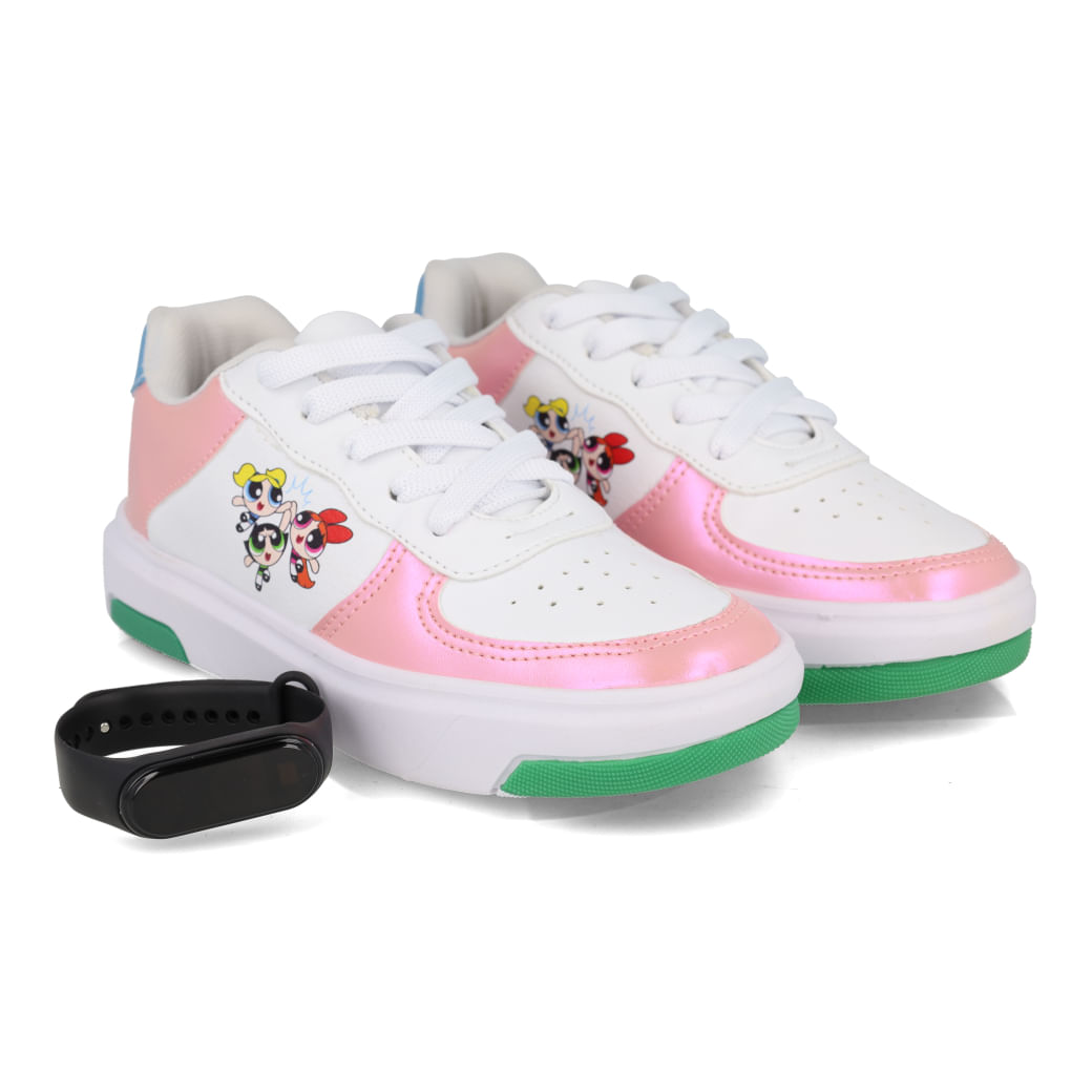 Tênis infantil feminino Warner branco com detalhes em rosa e azul, fechamento por cadarço e solado antiderrapante